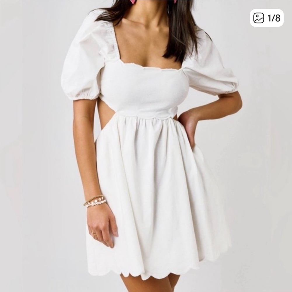 Francesca's Collections Mi Ami White Puff-Sleeve Scalloped Hem Dress